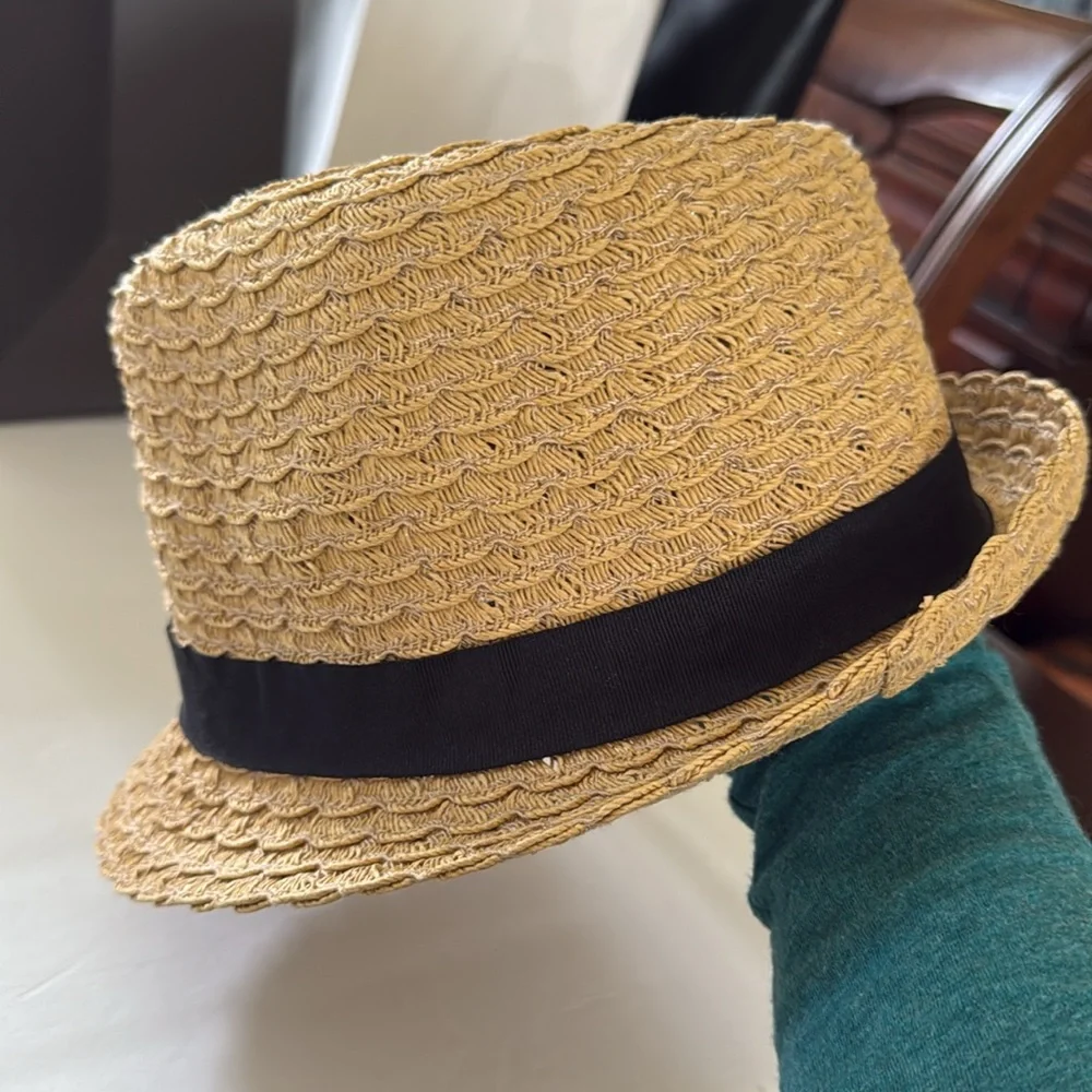 APT 9 Womens Woven Straw Fedora Hat Tan With Black Band Summer Like New